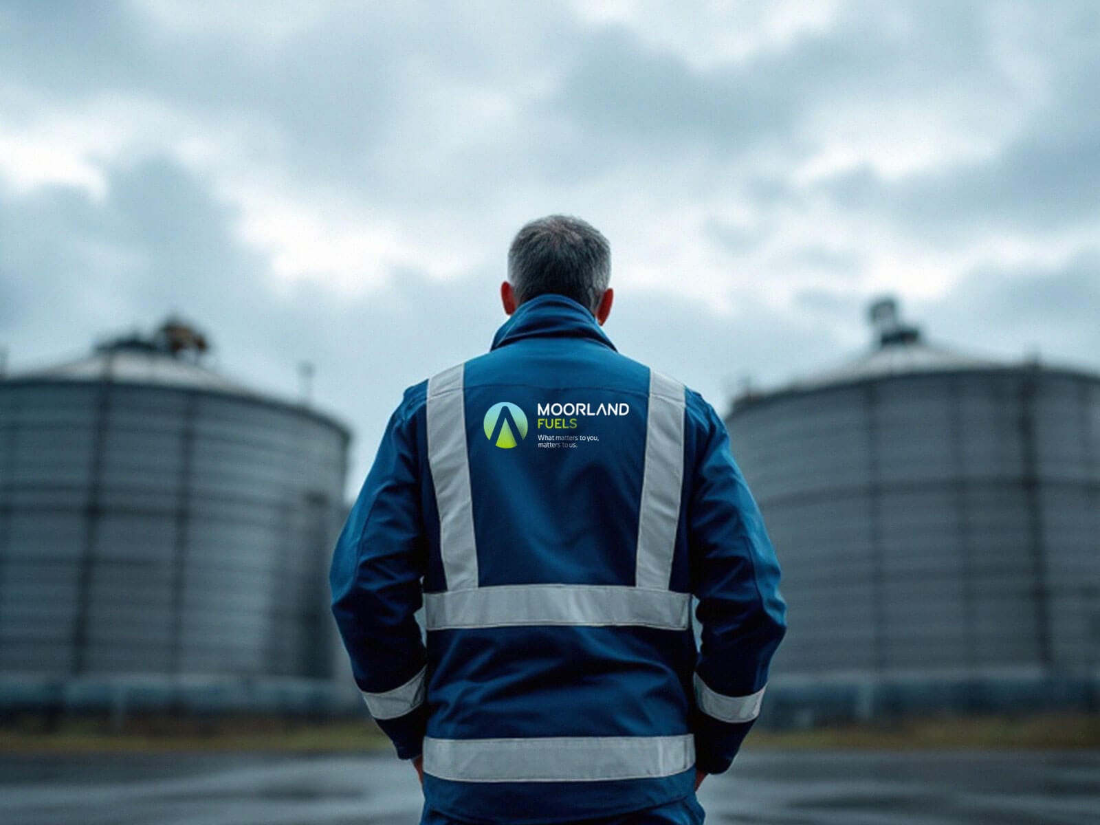 A worker wearing a blue safety jacket with reflective stripes stands facing industrial storage tanks under a cloudy sky.